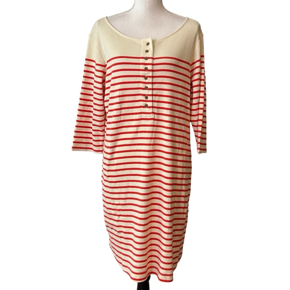 On 34th Striped Casual Jersey Knit Dress Large Ivory & Red‎ Striped Coastal NEW